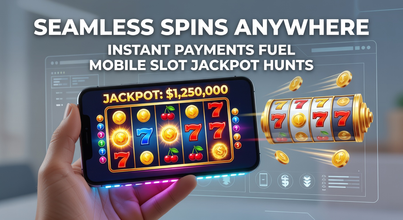 Smartphone mit leuchtendem Slot-Jackpot auf mobilem Bildschirm, umgeben von Symbolen für schnelle Zahlungen und unterwegs-Spiel
